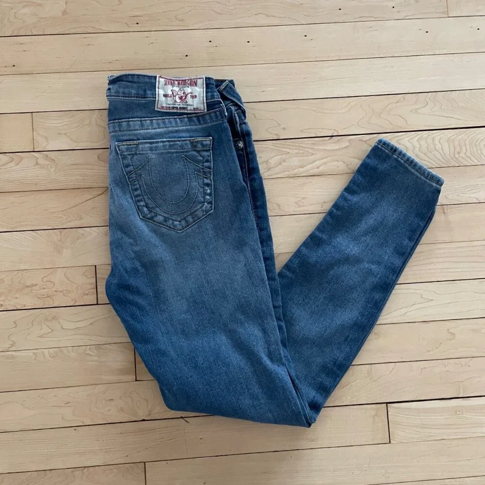 Y2K True Religion Low Rise Skinny Jeans Blue Distressed Size 28 Indie Sleaze